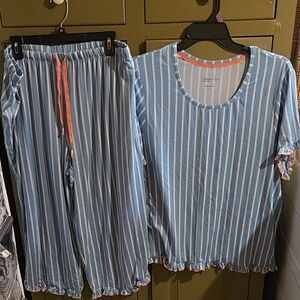 Cuddl Duds Light Blue and White Striped Pajama Set with Pink Trim